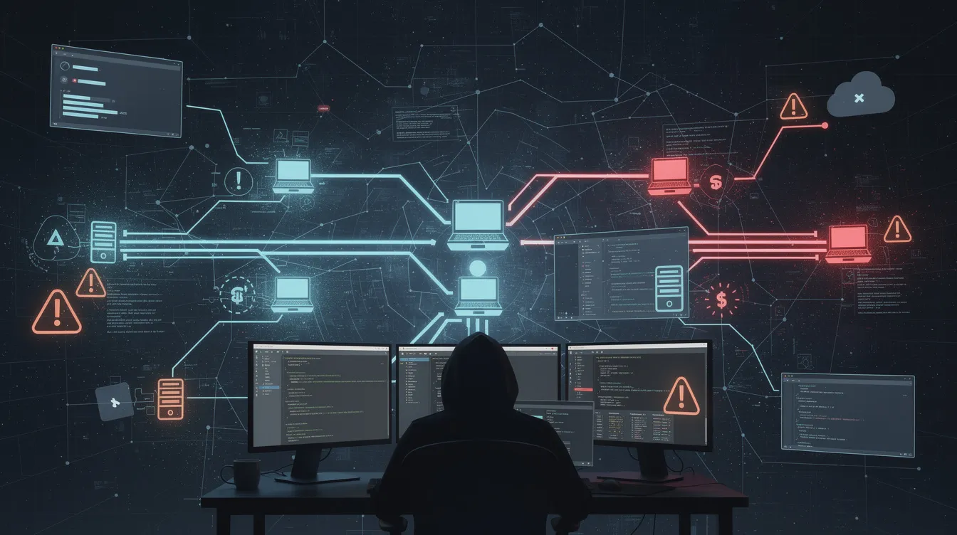 The illustration depicts attackers utilizing stolen login credentials to infiltrate multiple systems through remote desktop and SSH connections, represented by glowing network nodes and warning icons. This dark cybersecurity environment highlights the risks of lateral movement attacks as threat actors gain access to sensitive data across various operating systems.
