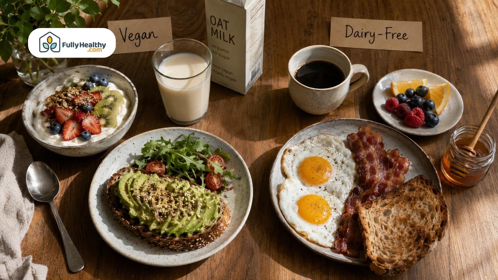 Vegan and dairy-free breakfast plates with oat milk, eggs, bacon, and honey
