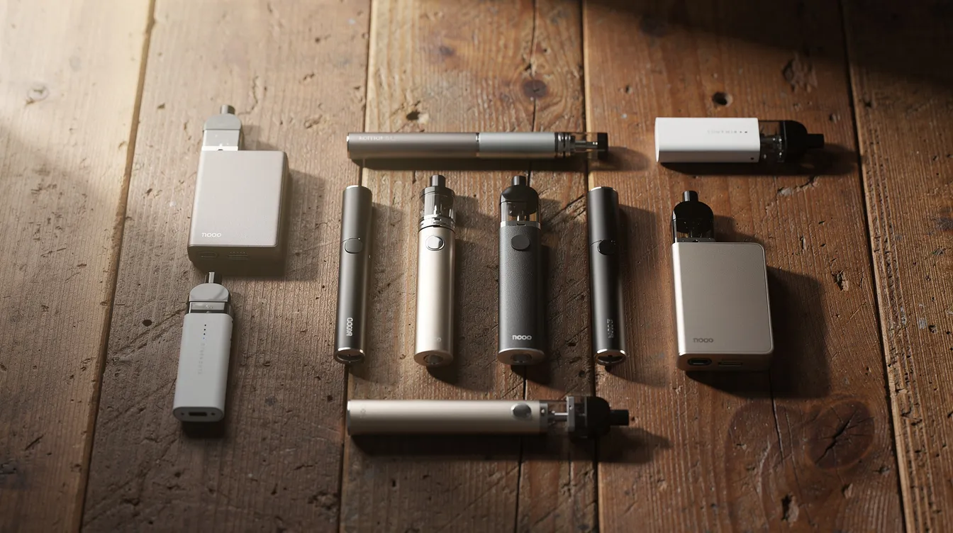 The image features a variety of cannabis vaporizer devices, including portable vaporizers and desktop vaporizers, neatly arranged on a wooden table. These devices are designed for vaping cannabis, allowing users to enjoy flavorful vapor from dry herb or concentrates while controlling the temperature for a smoother vaping experience.