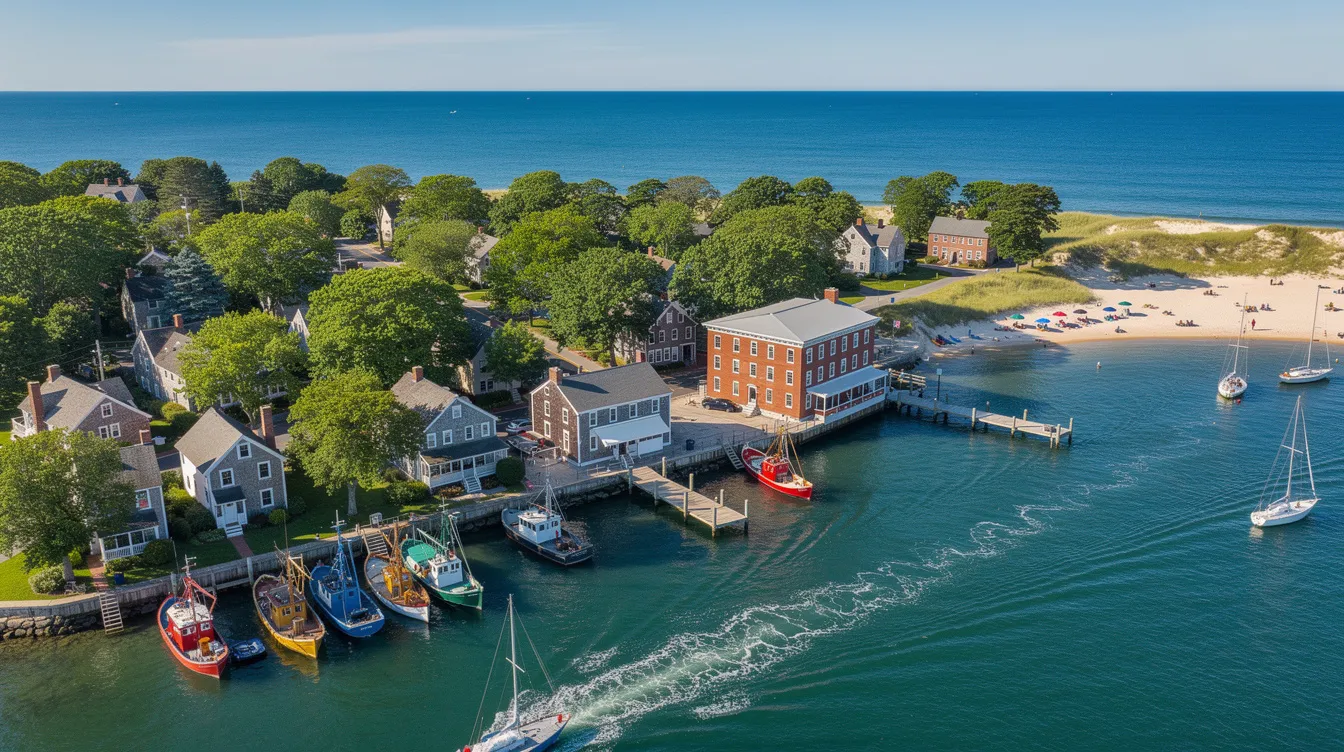 An aerial view showcases a picturesque New England coastal town, featuring a small harbor filled with colorful boats, tree-lined streets, and a sandy beach under a clear blue sky on a bright summer day. This vibrant community is perfect for buyers looking to explore real estate options and find their ideal home.