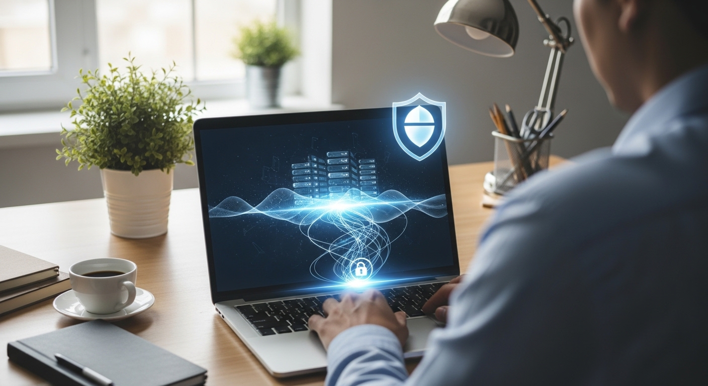 Remote employee securely accessing corporate servers through a VPN connection with visible encryption shield icon.