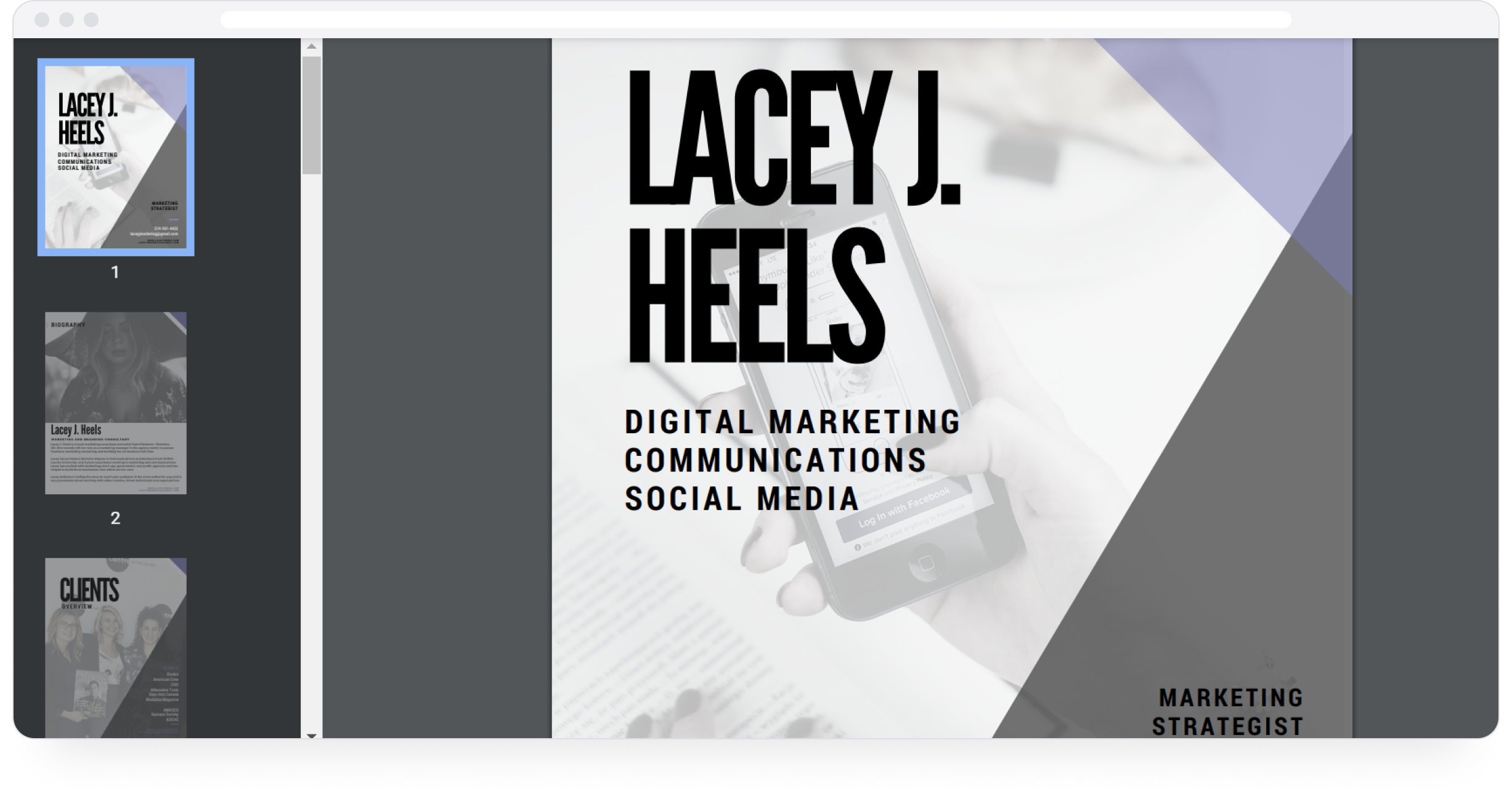 Lacey J. Heels' marketing and social media portfolio on PDF