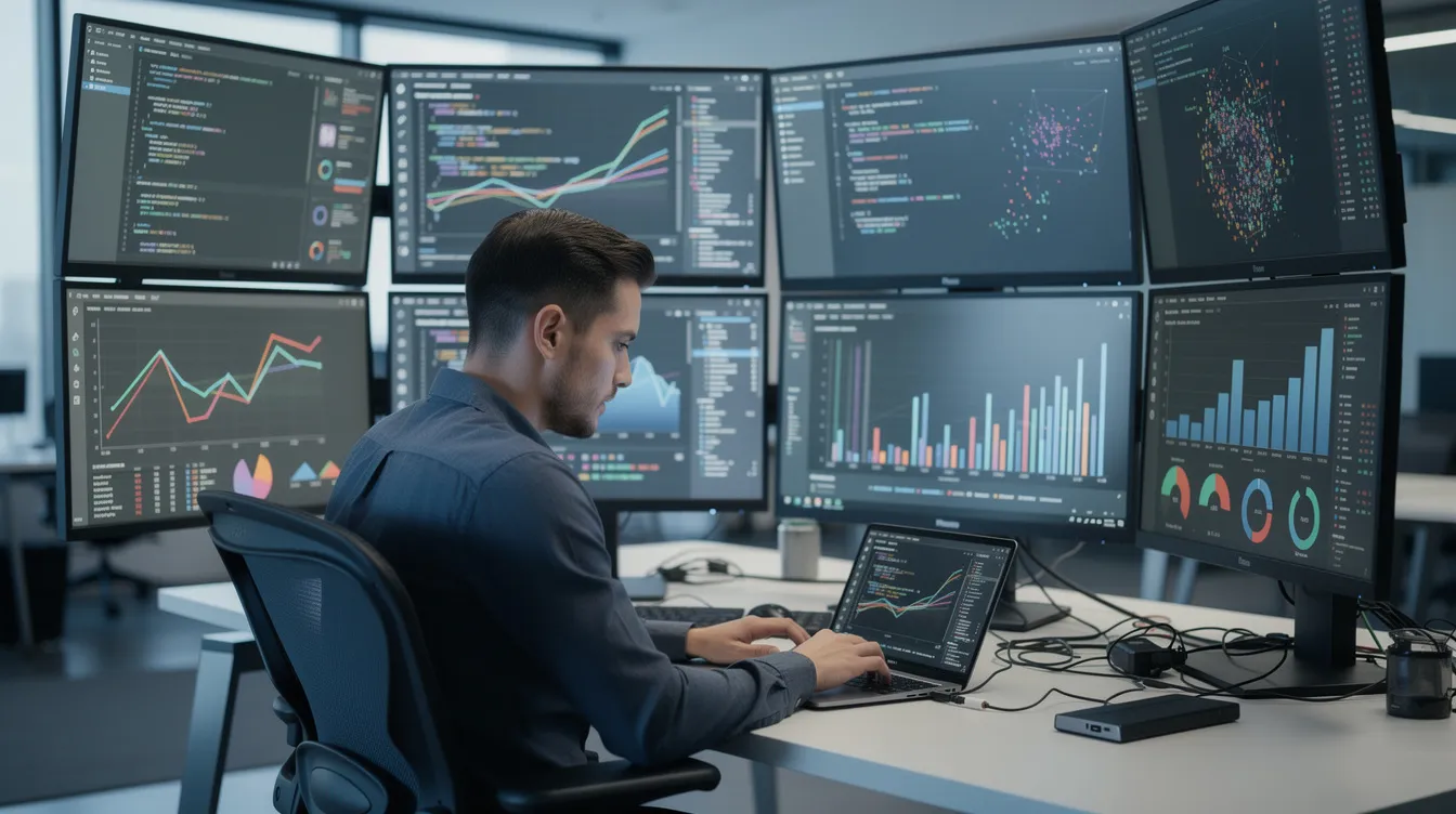 A data scientist is focused on writing code on a laptop, surrounded by multiple monitors displaying analytics charts and dashboards. The scene highlights the integration of advanced analytics and machine learning, showcasing the use of tools for data management and predictive models.
