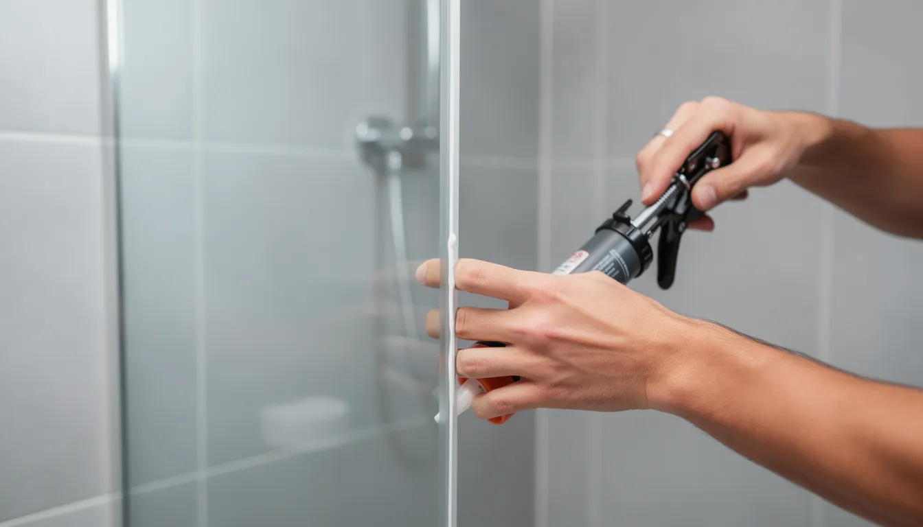 Twee handen monteren een douchepaneel met een kitpistool langs de rand, terwijl de achtergrond een badkamer toont met bestaande tegels. Het douchepaneel biedt een stijlvolle uitstraling en is speciaal ontworpen voor vochtige ruimtes, waardoor het een ideale oplossing is voor renovatieprojecten.