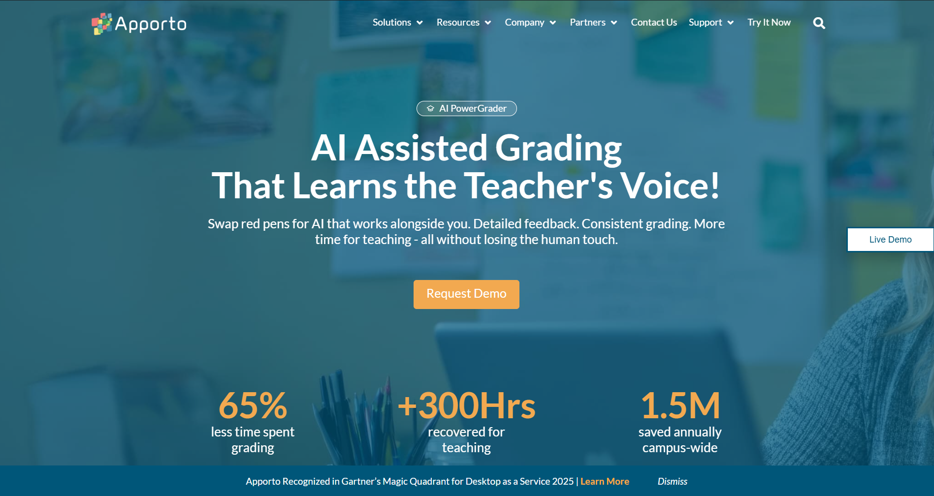Apporto's homepage promoting AI-assisted grading with a request demo button and key impact stats.