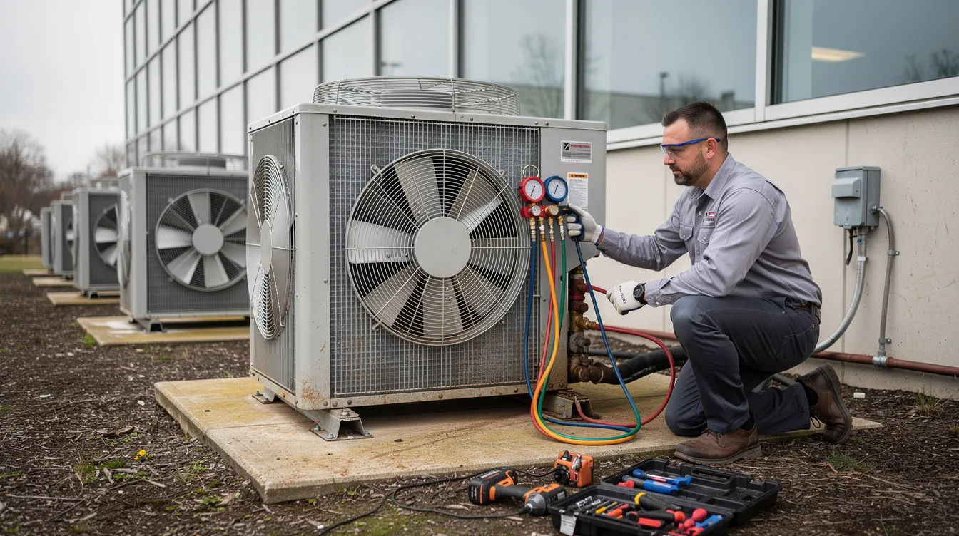 A technician is performing maintenance on a commercial outdoor air conditioning unit, ensuring its efficient operation and energy efficiency. The technician is equipped with tools and is focused on keeping the air conditioning system in optimal condition for the building's cooling needs.