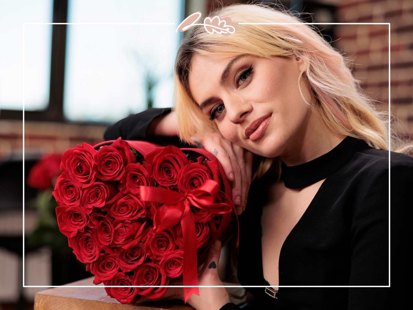 Valentine's Day Gifts Flowers, Hampers & Online Ideas for 14 February in South Africa - Fabulous Flowers & Gifts blonde woman holding heart-shaped red rose box with ribbon