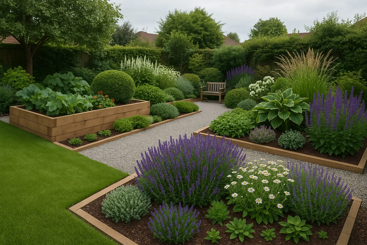 Raised planters and low-maintenance planting in a well-designed UK garden.
