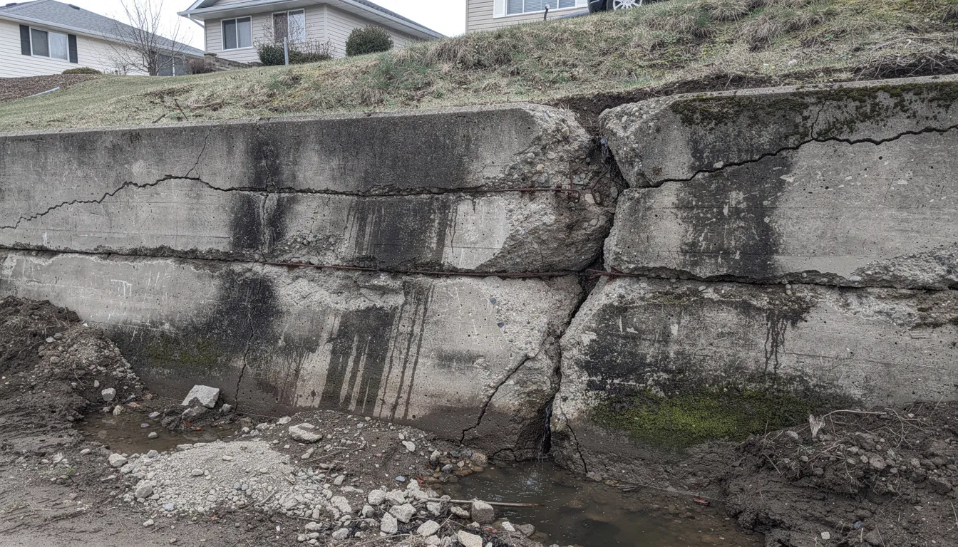 The image depicts a bulging and cracked retaining wall that shows significant signs of water damage and failure, highlighting issues with structural integrity and inadequate drainage. This situation emphasizes the importance of adhering to local building codes and seeking professional advice to prevent costly repairs and ensure safety in retaining wall projects.