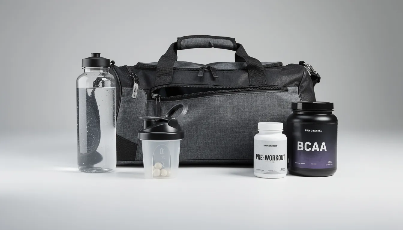 The image features a gym bag filled with a water bottle, a shaker cup, and several containers of powdered supplements, including creatine powder. This setup is ideal for athletes aiming to enhance their muscle mass and athletic performance through various supplements, including the popular practice of dry scooping creatine for faster absorption.
