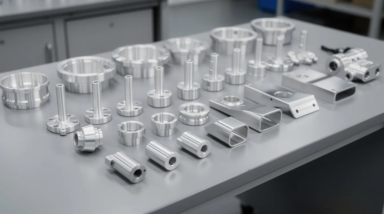 An array of precision-machined aluminum parts with mirror-like surfaces is displayed on an inspection table, showcasing the high dimensional accuracy and surface finish achieved through the CNC machining process. These CNC machined parts exemplify the benefits of subtractive manufacturing, particularly for components requiring extremely tight tolerances.