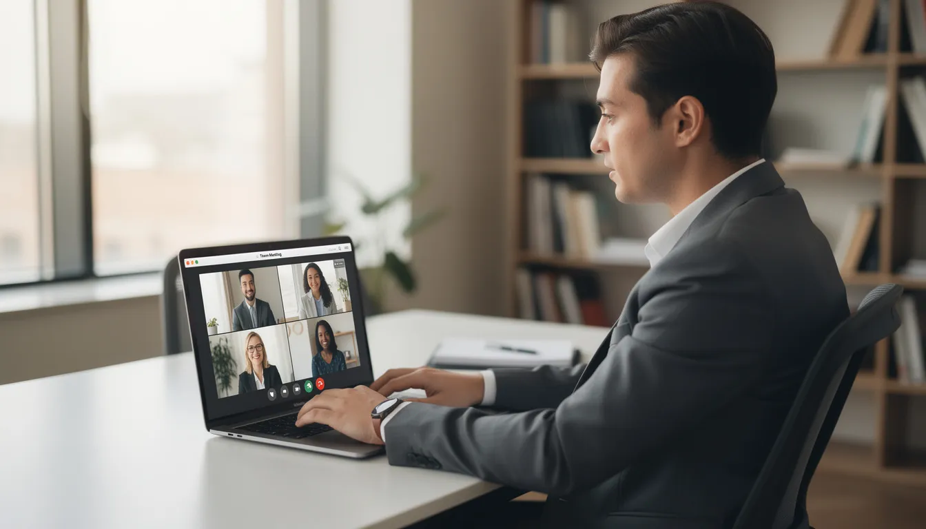 A professional-looking person is conducting a video call on a laptop in a well-lit office setting, wearing business attire and appearing focused. The background features a tidy desk with office supplies, suggesting a serious and organized work environment.