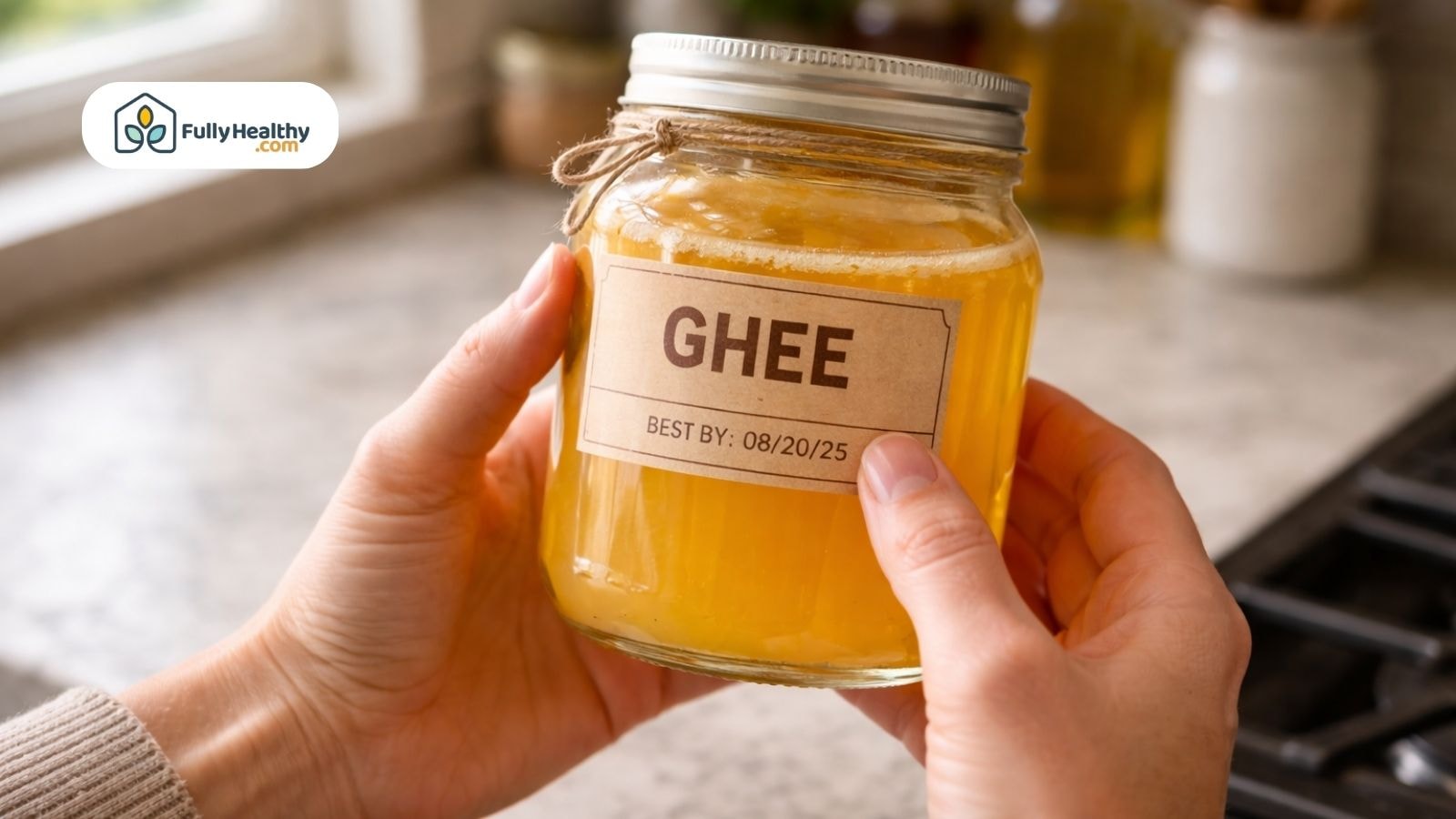 Hands holding ghee jar showing printed best by date