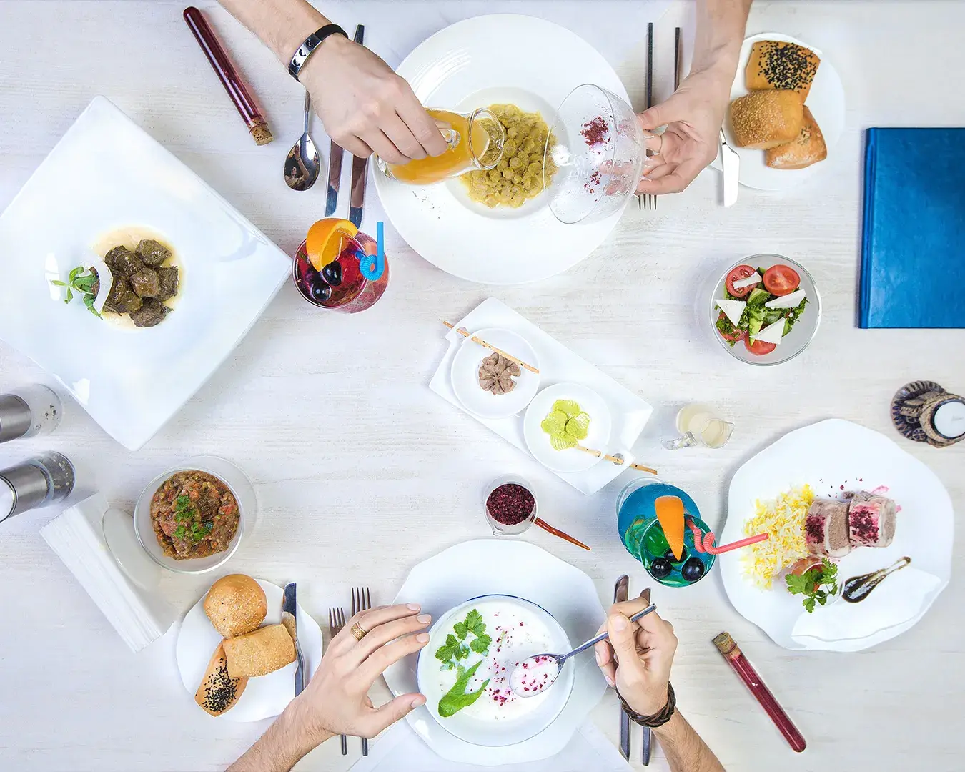 Overhead view of restaurant meal and dining experience for food marketing