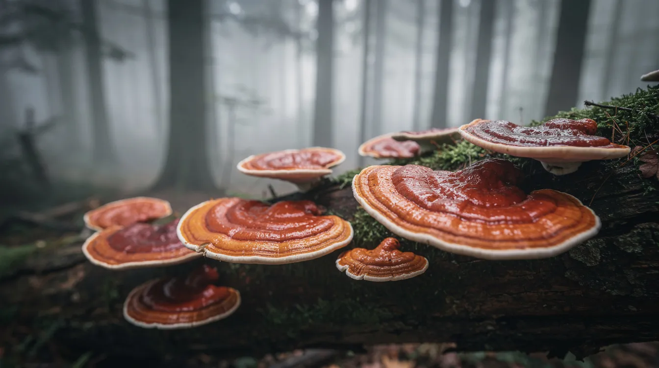 The image depicts reishi mushrooms growing on a fallen log in a misty forest, highlighting their natural habitat. These medicinal mushrooms are known for their potential health benefits, including support for sleep quality and stress relief.
