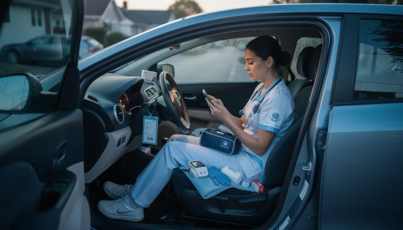 Une infirmière libérale, en tenue professionnelle, est installée dans sa voiture avec son matériel de soins, consultant son téléphone pour organiser sa tournée matinale. Elle prépare ainsi ses déplacements et rendez-vous avec ses patients, assurant une gestion efficace de son planning quotidien.
