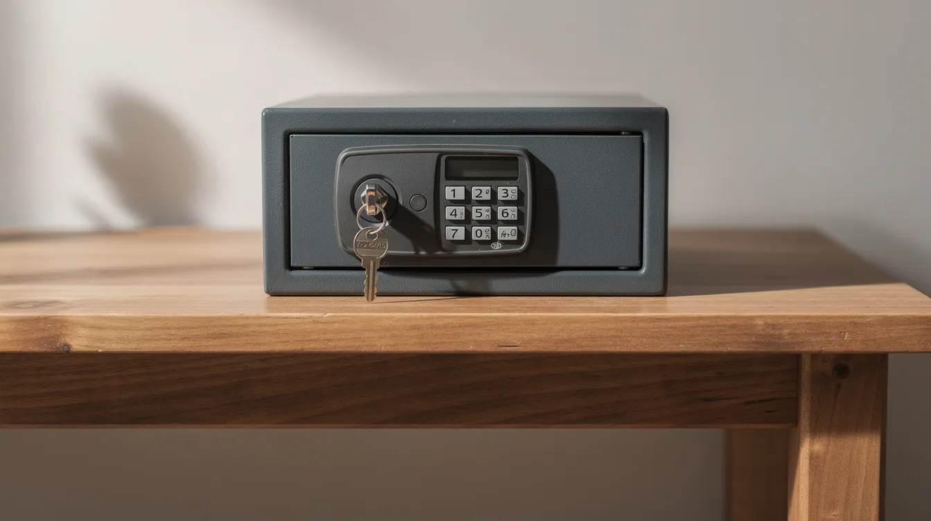The image depicts a locked handgun safe securely positioned on a wooden shelf, emphasizing the importance of safe firearm storage in accordance with gun laws. Such safes are essential for responsible gun ownership, particularly for those with a valid concealed carry permit.