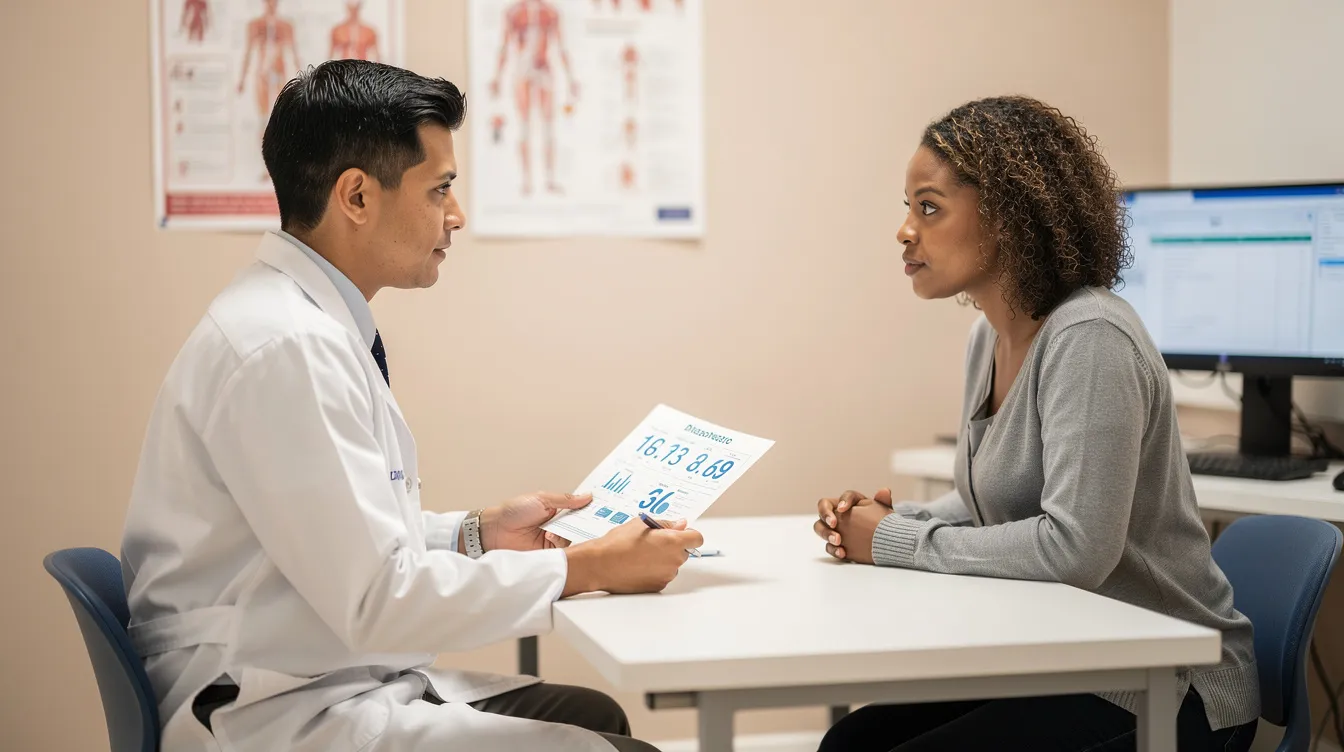 A healthcare provider in a white coat engages in a discussion with a patient about their test results in a clinic setting, emphasizing the importance of maintaining healthy cholesterol levels and blood sugar balance for overall cardiovascular and metabolic health. The atmosphere is supportive, reflecting a focus on personalized care and health management.