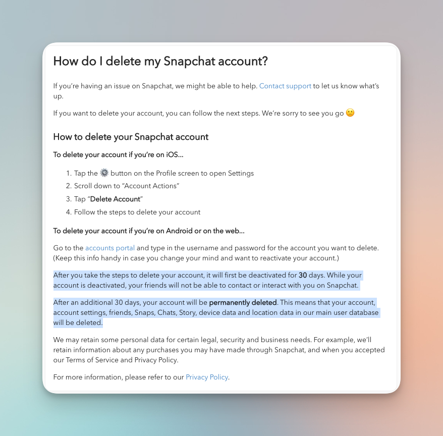 Remote.tools shares screenshot from Snapchat help on How to delete a snapchat account. You should know that the Snapchat account will be permanently deleted if not activated again in 30 days