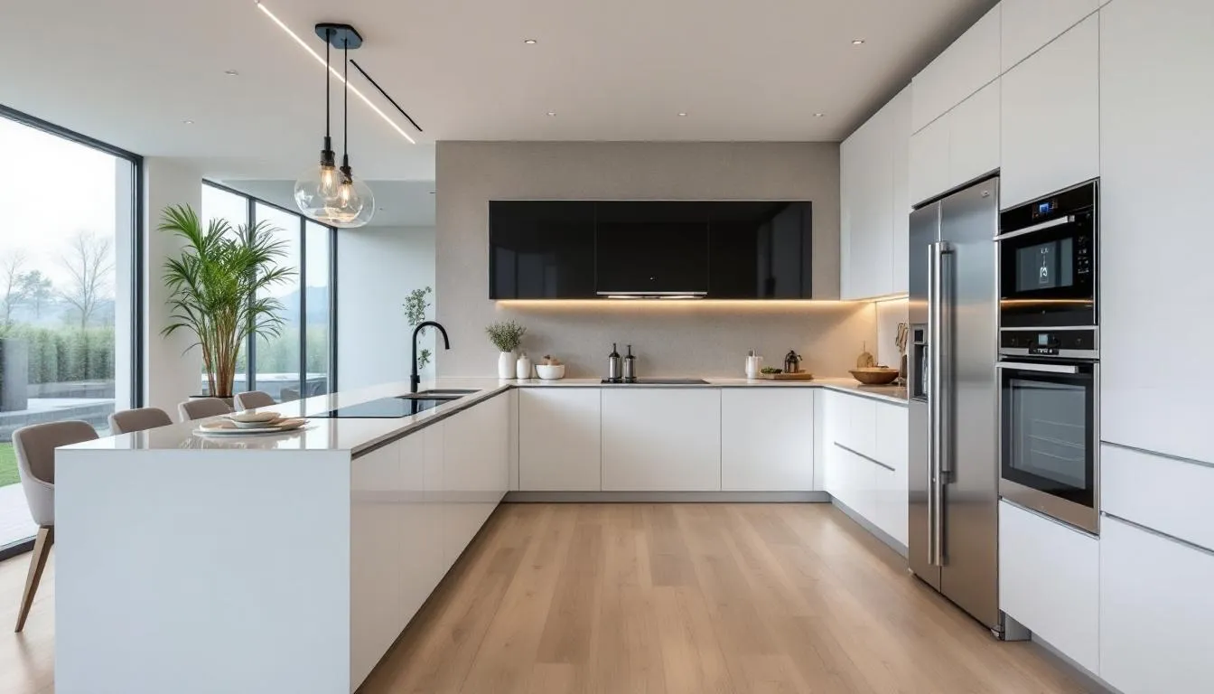 This image showcases a modern luxury kitchen featuring sleek quartz countertops, premium appliances, and an open concept design that seamlessly integrates with the spacious living area, embodying the ultimate Florida lifestyle. The airy and inviting atmosphere makes it an entertainer's dream home, perfect for those seeking the sophistication of Collier Preserve homes in Naples, FL.