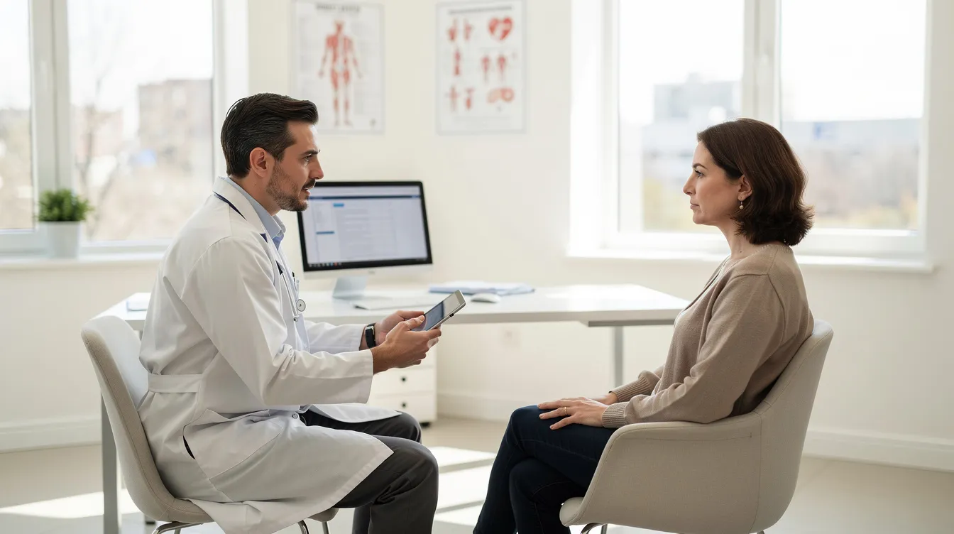 The image depicts a healthcare professional consulting with a patient in a modern medical office, discussing various treatment options for erectile dysfunction, including prescription medications and dietary supplements. The setting conveys a sense of professionalism and care, emphasizing the importance of addressing health concerns related to sexual medicine.