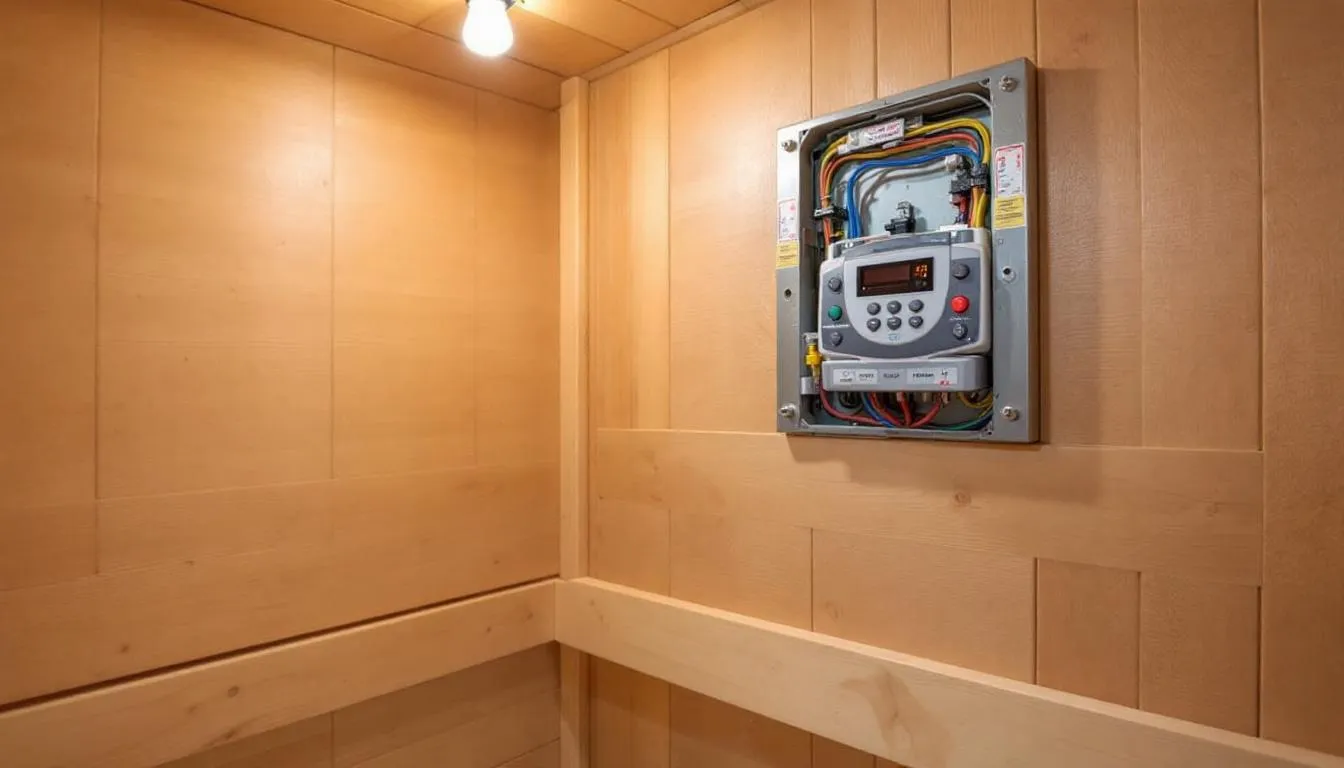 The image depicts a professional sauna installation showcasing intricate electrical connections alongside various safety features. This setup highlights the essential components of both traditional and infrared saunas, ensuring a safe and effective sauna experience for users.