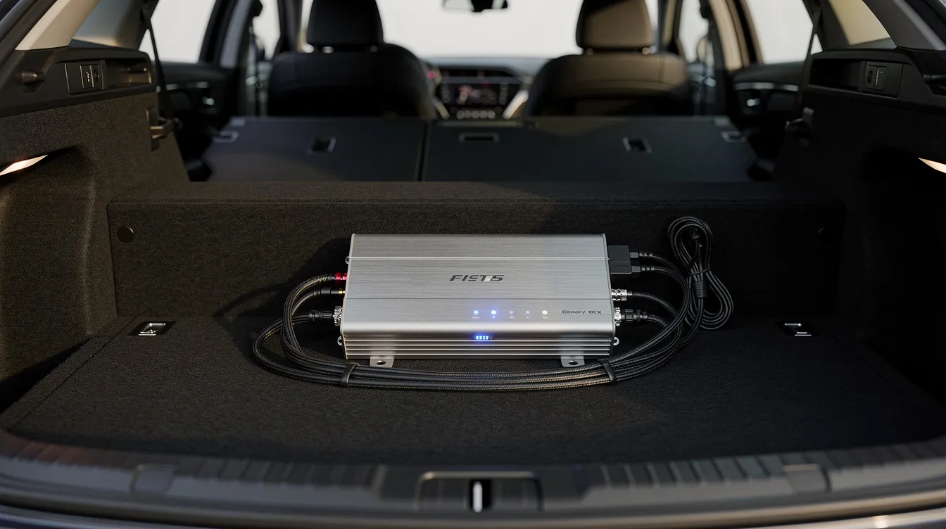 The image depicts a car audio amplifier securely mounted in a vehicle trunk, allowing for open airflow around it. Various electrical wires, including red power wires and RCA cables, are visibly connected, ensuring optimal sound quality while avoiding issues like a faulty amp or blown fuses.