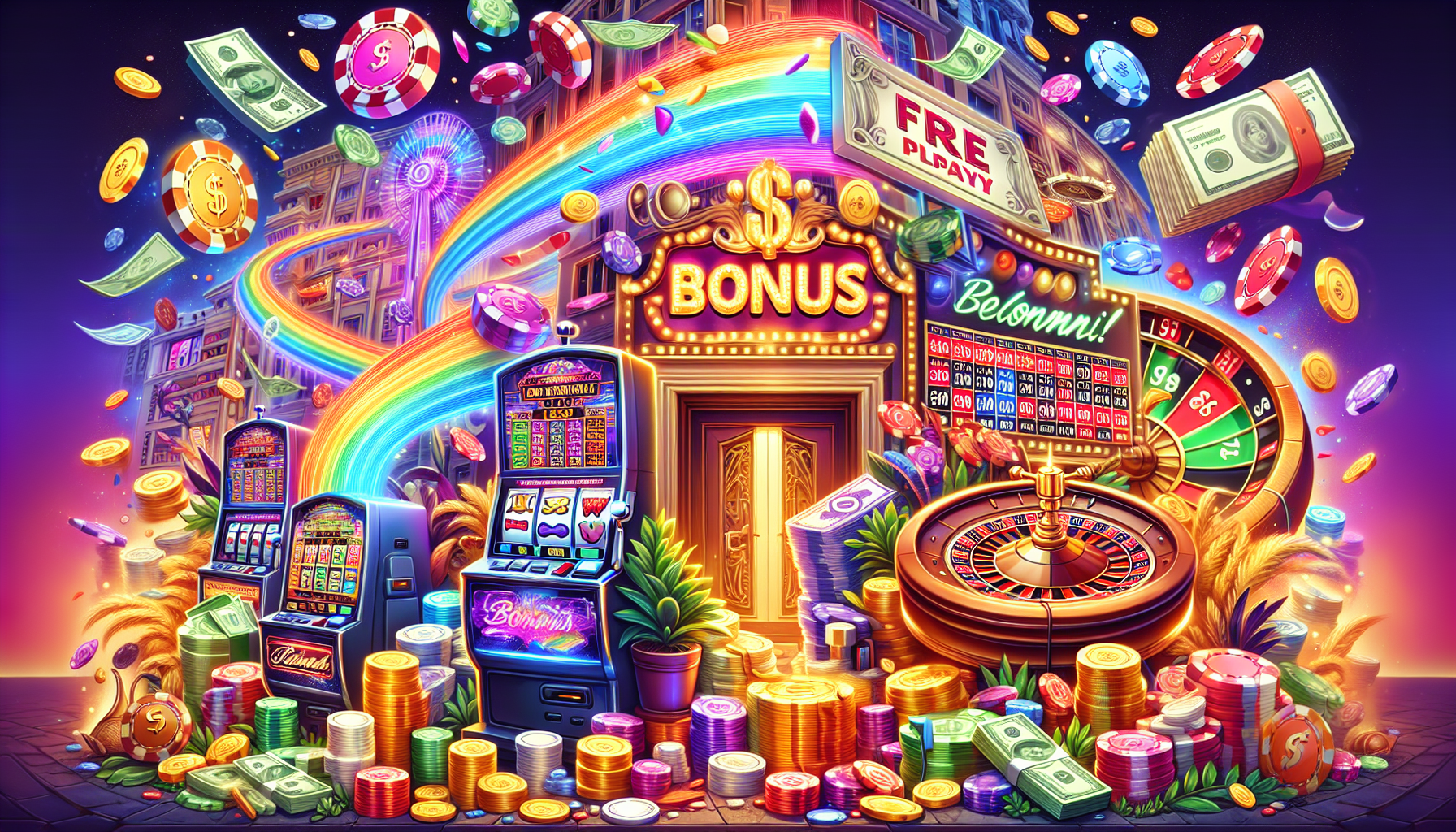 Colorful illustration of various types of casino bonuses