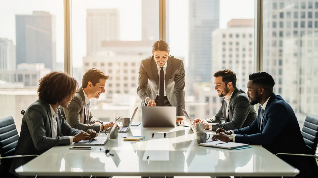 The image shows a diverse team of professionals collaborating around a conference table, each equipped with laptops and engaged in discussion. They appear focused on developing strategies for effective cold email campaigns to address their target audience's pain points.