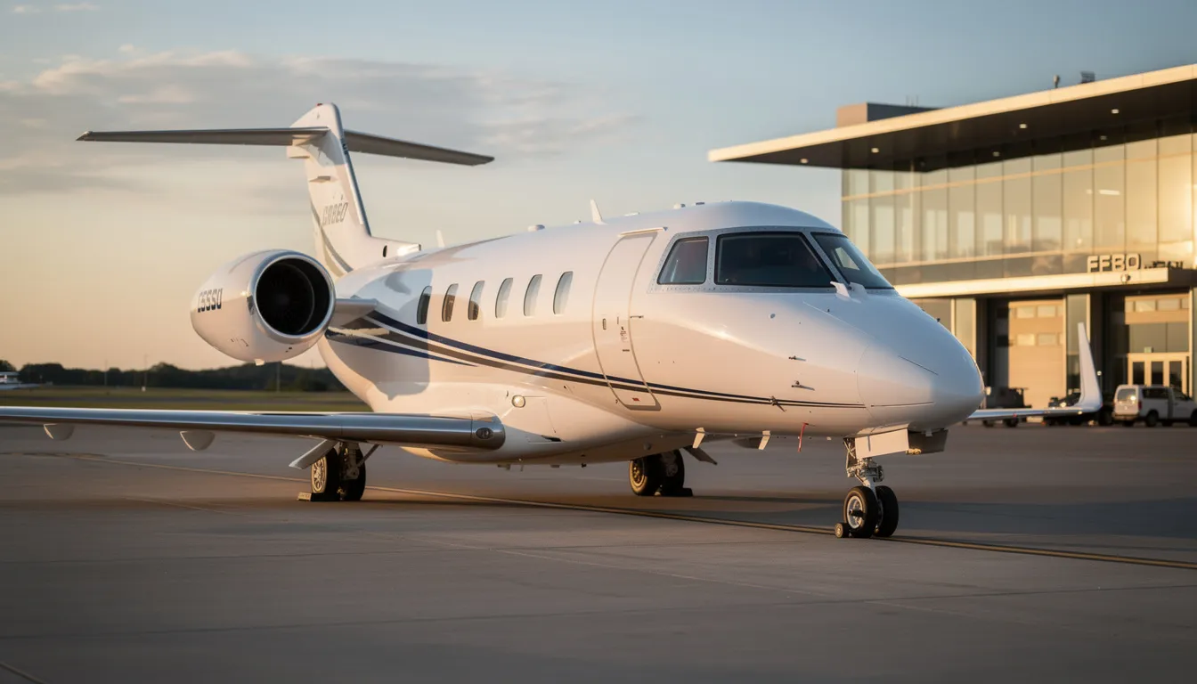 A modern Cessna Citation CJ4 is parked on the airport ramp, showcasing its sleek design and professional appearance. The aircraft features advanced led lights and a spacious cabin, embodying the elegance and efficiency of Cessna models.