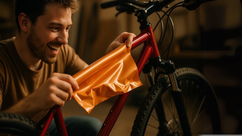 Vinyl wrapping of a bicycle in a DIY project