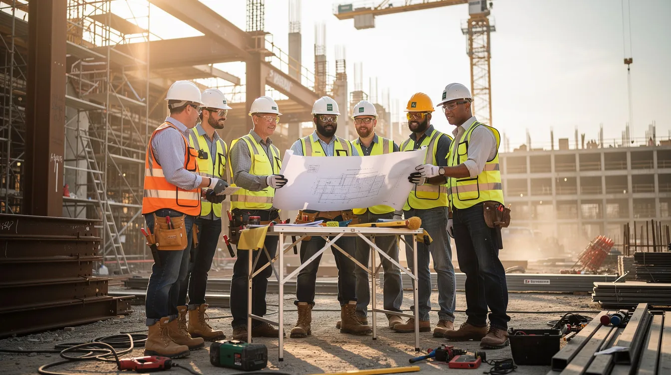 A group of construction workers, equipped with safety helmets and vests, are collaborating on a commercial job site, demonstrating essential leadership skills and effective communication as they plan and manage the project. Their teamwork reflects the importance of strong leaders in the construction industry, ensuring safety and success in their construction projects.