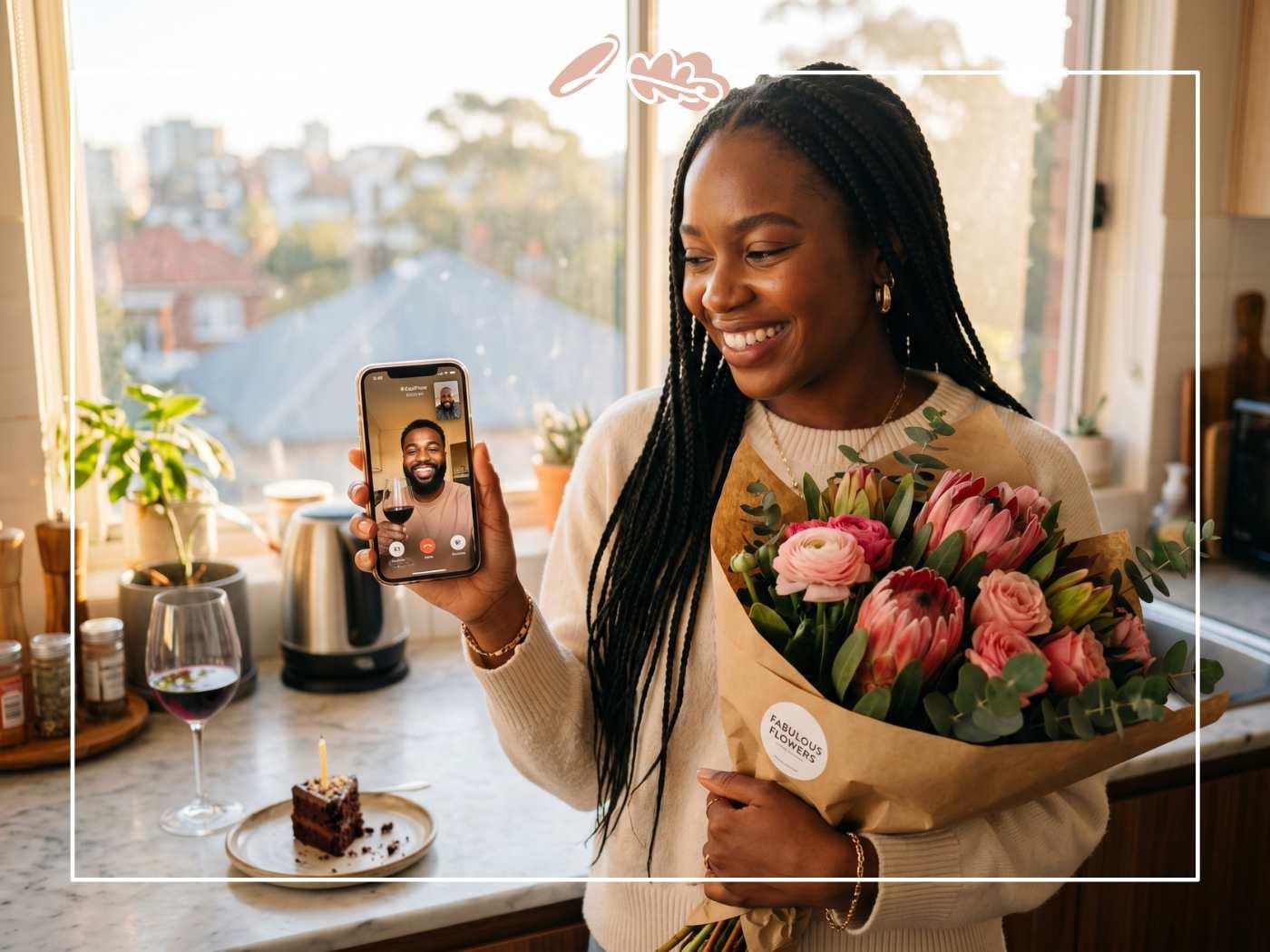 Smiling girlfriend on a video call with her boyfriend while holding a kraft-wrapped protea birthday bouquet from Fabulous Flowers in a sunlit kitchen