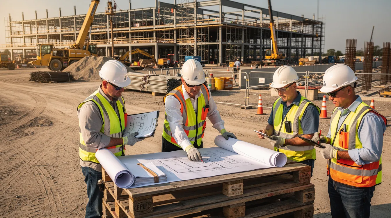 A group of construction workers is gathered at a large commercial job site, intently reviewing architectural plans and project documents. They ensure clear communication and alignment on the construction project, discussing important aspects such as the project scope and potential construction change orders.