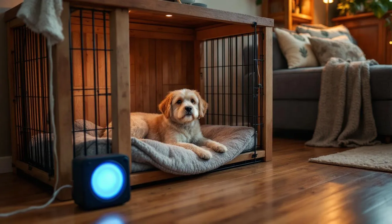 A cozy dog crate setup features soft bedding designed to create a safe space for an anxious dog, while calming music plays nearby to help manage dog anxiety. This environment aims to alleviate symptoms of separation anxiety and provide comfort for dogs experiencing stress.