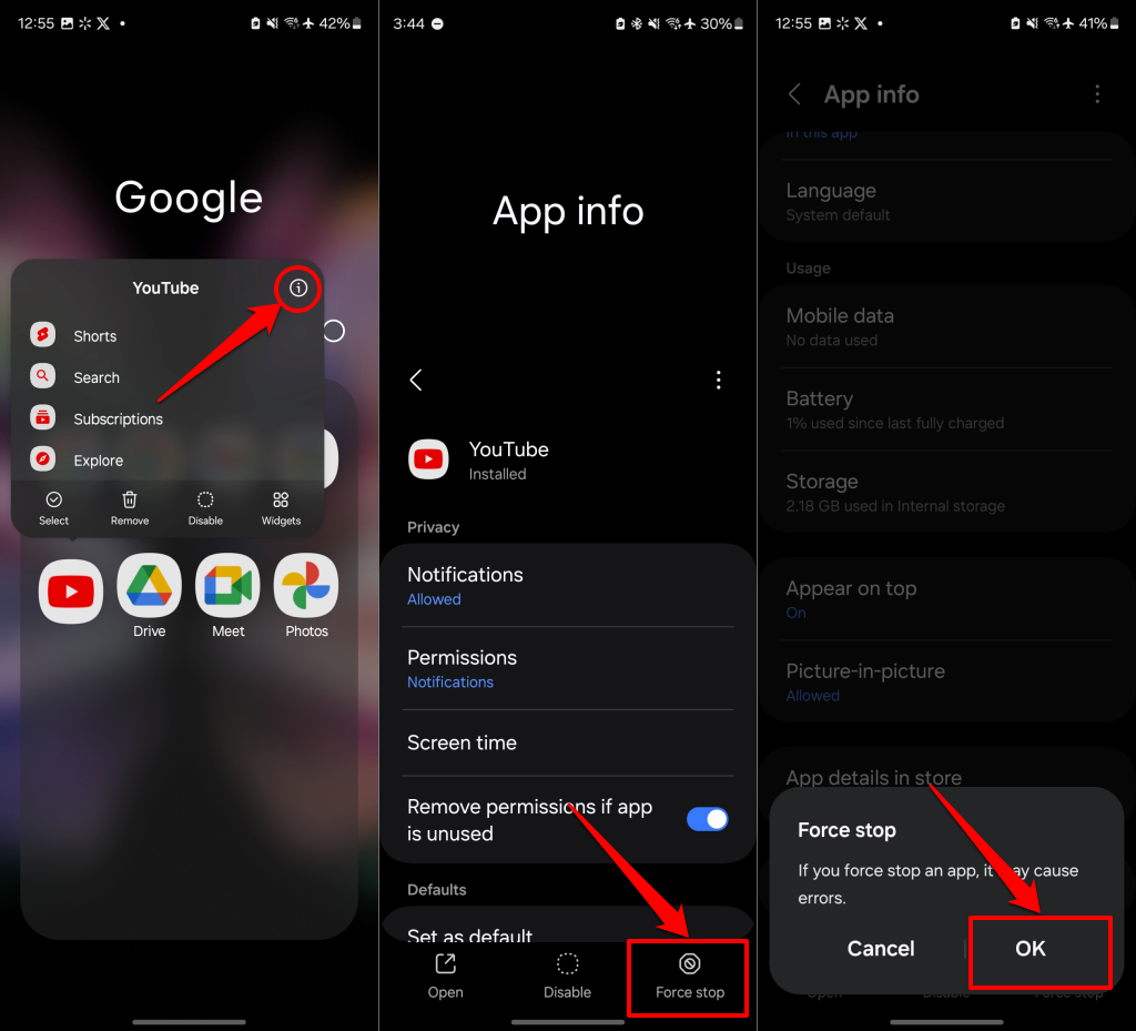 Steps to force stop YouTube in Android