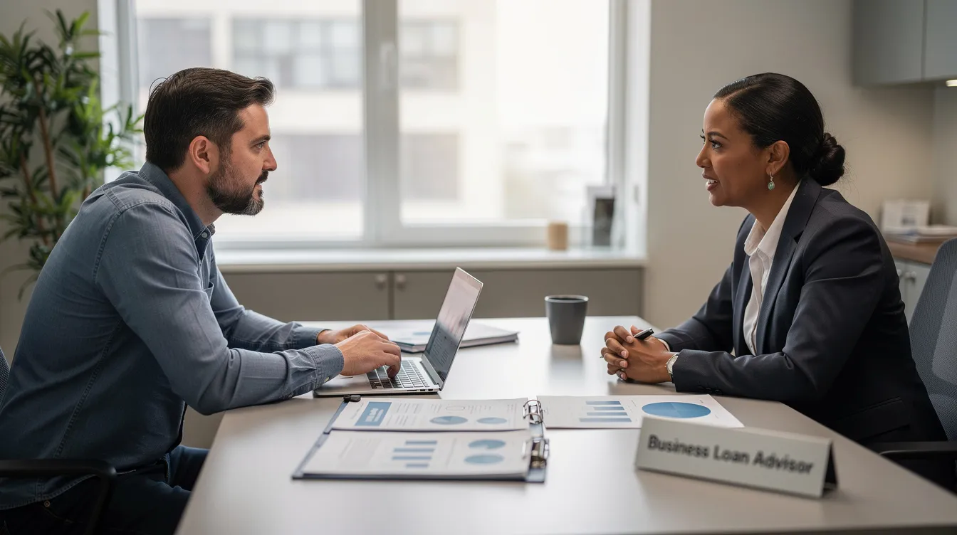 2de44f4a 1498 4166 b523 5c47f12a2a90 A small business owner is seated across from a bank officer at a desk, discussing documents related to a mudra loan application. The scene captures the exchange of information about the business's viability and the necessary paperwork, such as bank statements and a basic business plan, for potential loan approval.