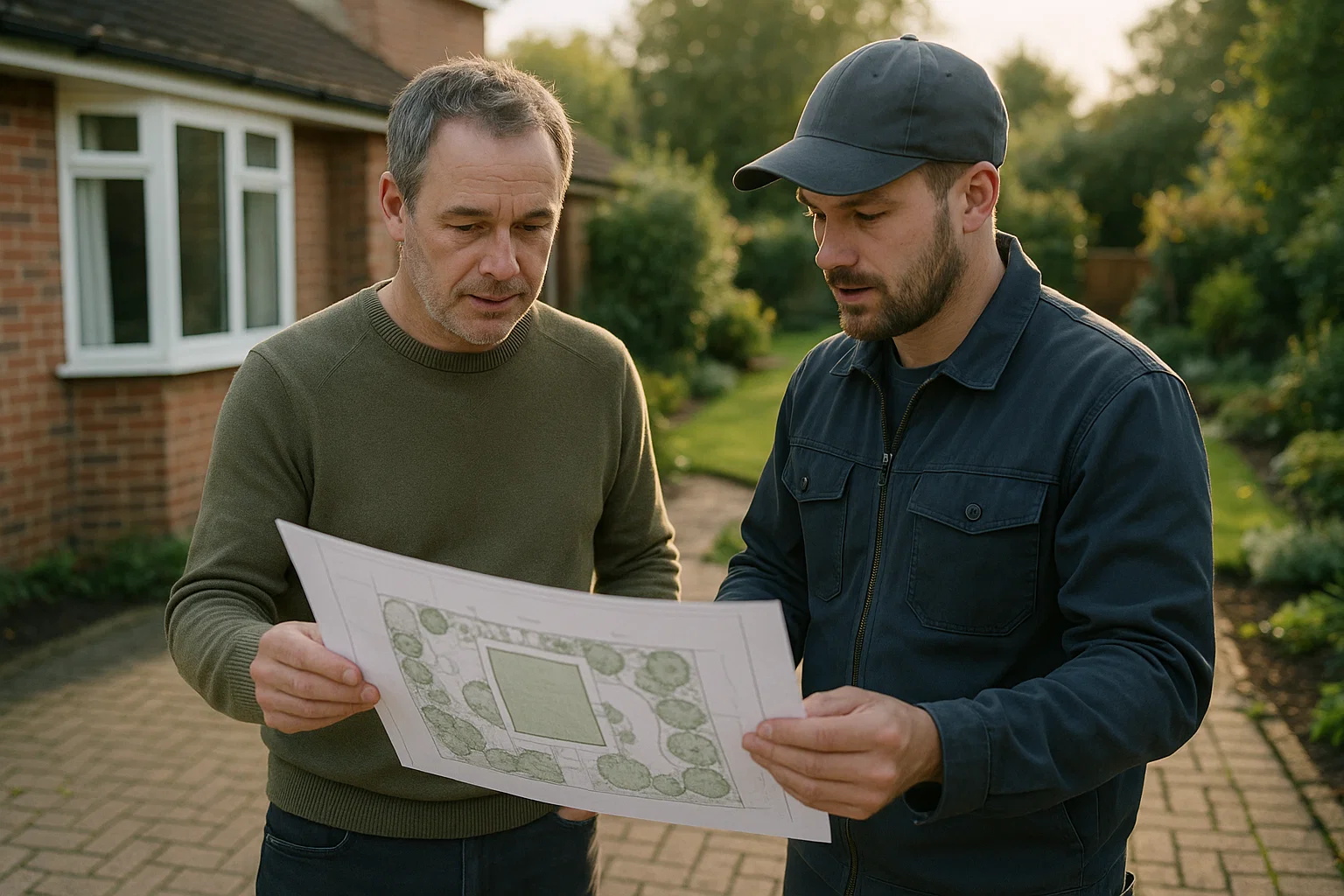 Homeowner and contractor discussing outdoor renovation plans in a UK garden.