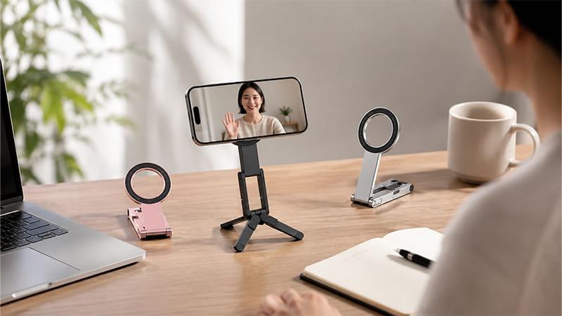 Phone stand birthday gift for remote employees, shown supporting a video call at a home office desk