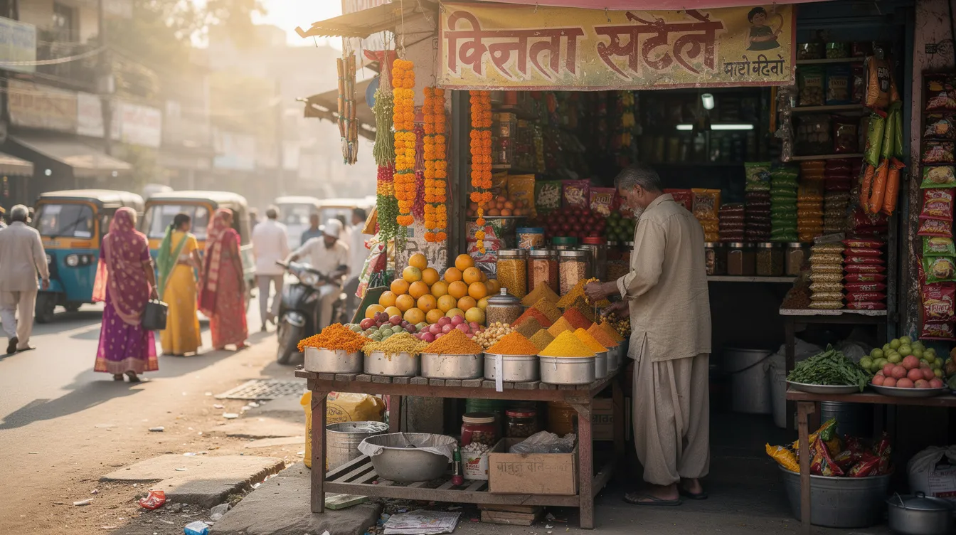 The image shows a street vendor meticulously arranging various goods at the front of a small shop in an Indian market, reflecting the vibrant atmosphere of local commerce and the entrepreneurial spirit supported by initiatives like the Pradhan Mantri Mudra Yojana for income generation and employment creation. The vendor's setup highlights the importance of small businesses in the community, often relying on loans from member lending institutions to thrive.