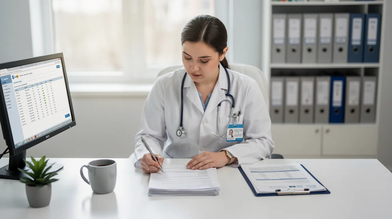 A medical professional is seated at a desk, intently reviewing detailed patient documents, which likely include medical records and accident reports related to traumatic brain injury cases. This scene emphasizes the importance of thorough documentation in personal injury claims, particularly for brain injury victims seeking fair compensation for their medical expenses and lost wages.
