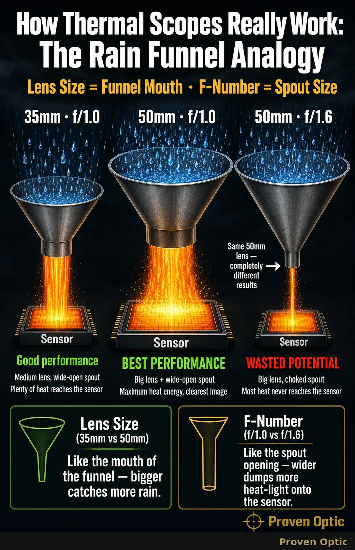 Infographic explaining the objective lens size means little if the f-number is large. The smaller the f-number, the more heat-light gets to the sensor.