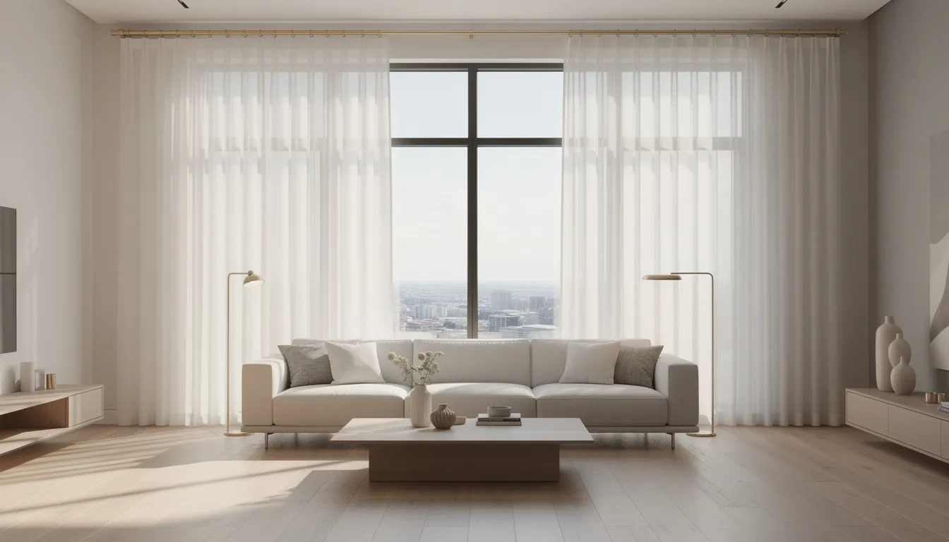 Bildbeskrivning: Ett modernt vardagsrum med stora fönster som släpper in mycket ljus. Eleganta gardinstänger i mässing hänger med vita linnegardiner, vilket skapar en stilren och luftig känsla i rummet.