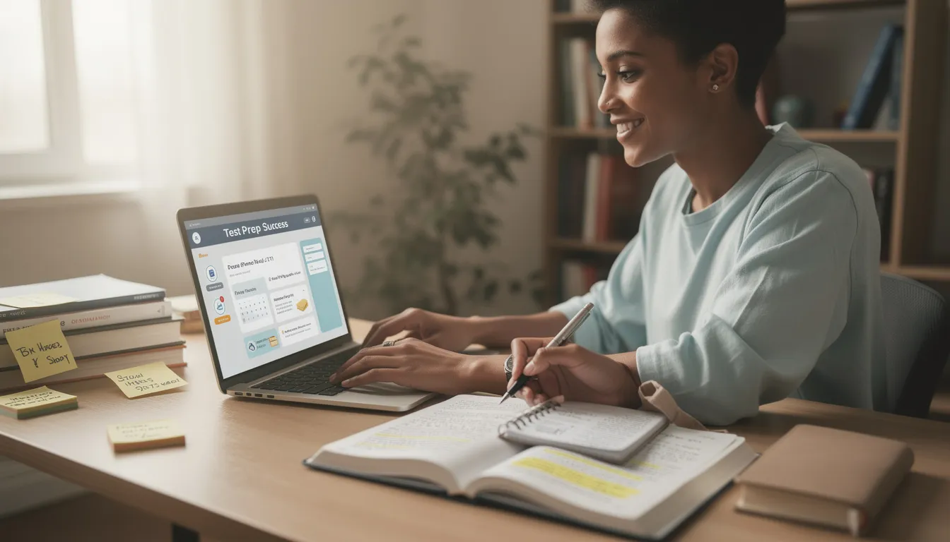 A person is smiling confidently while looking at a laptop screen, symbolizing successful preparation for the Australian citizenship test. This image reflects a positive attitude towards studying and understanding Australian values and history.