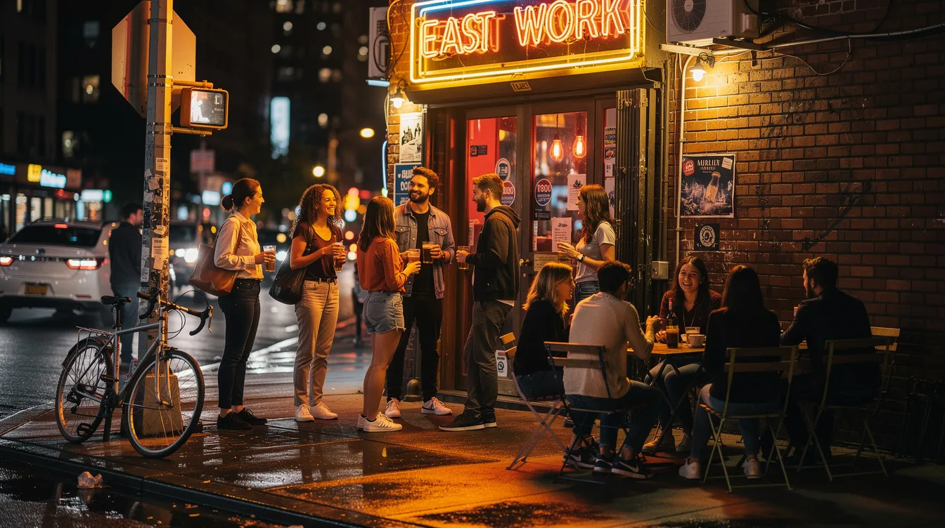 A lively scene outside a dive bar in the East Village of NYC, where groups of friends are mingling and enjoying the vibrant atmosphere of the neighborhood. The soft lighting and festive vibe suggest a fun night filled with signature cocktails and bar snacks, as laughter and music fill the air.