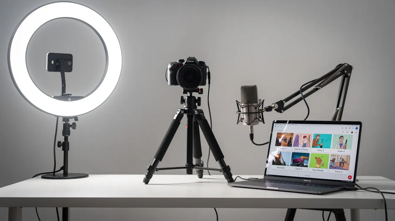The image features a professional video production setup in a clean studio, showcasing ring lights, a camera, a laptop displaying a storyboard, and a microphone on a desk, ideal for online course creation services. This setup highlights the technical aspects of creating high-quality videos for training programs and course content development. The image features a professional video production setup in a clean studio, showcasing ring lights, a camera, a laptop displaying a storyboard, and a microphone on a desk, ideal for online course creation services. This setup highlights the technical aspects of creating high-quality videos for training programs and course content development.