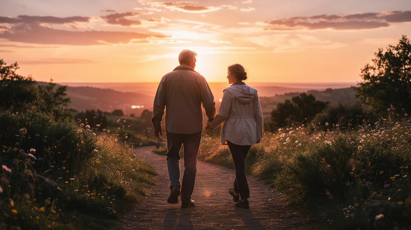 A mature couple walks hand-in-hand along a scenic trail, gazing toward a colorful horizon at sunset, with vibrant hues of orange and pink painting the sky. The peaceful setting creates a sense of tranquility and connection as they enjoy their time together in nature.