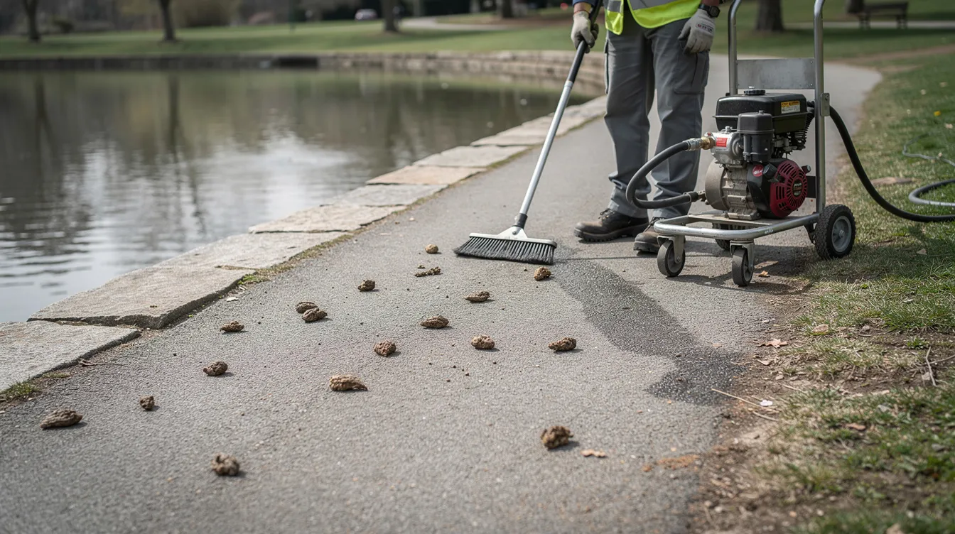 A close-up view of a paved park walkway alongside a pond, littered with goose droppings, while a maintenance worker equipped with cleaning tools tends to the area. This scene highlights the challenges of managing Canada geese populations in urban parks, where their droppings can become a nuisance for visitors.