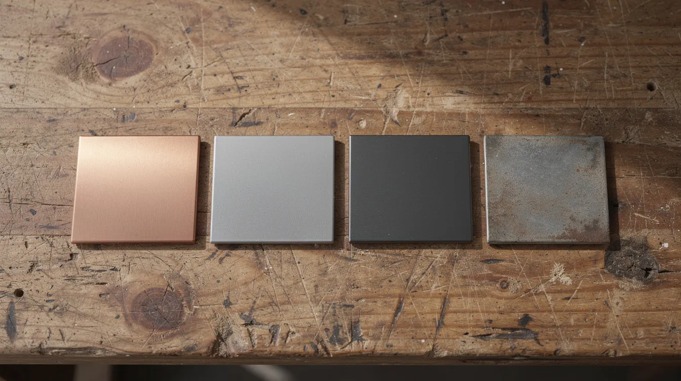 An overhead view showcases four small metal roofing sample squares in varying tones of copper, steel gray, dark aluminum, and weathered zinc, neatly arranged on a wooden workbench. These samples represent different metal roofing materials, highlighting their durability and aesthetic appeal for potential roofing projects.