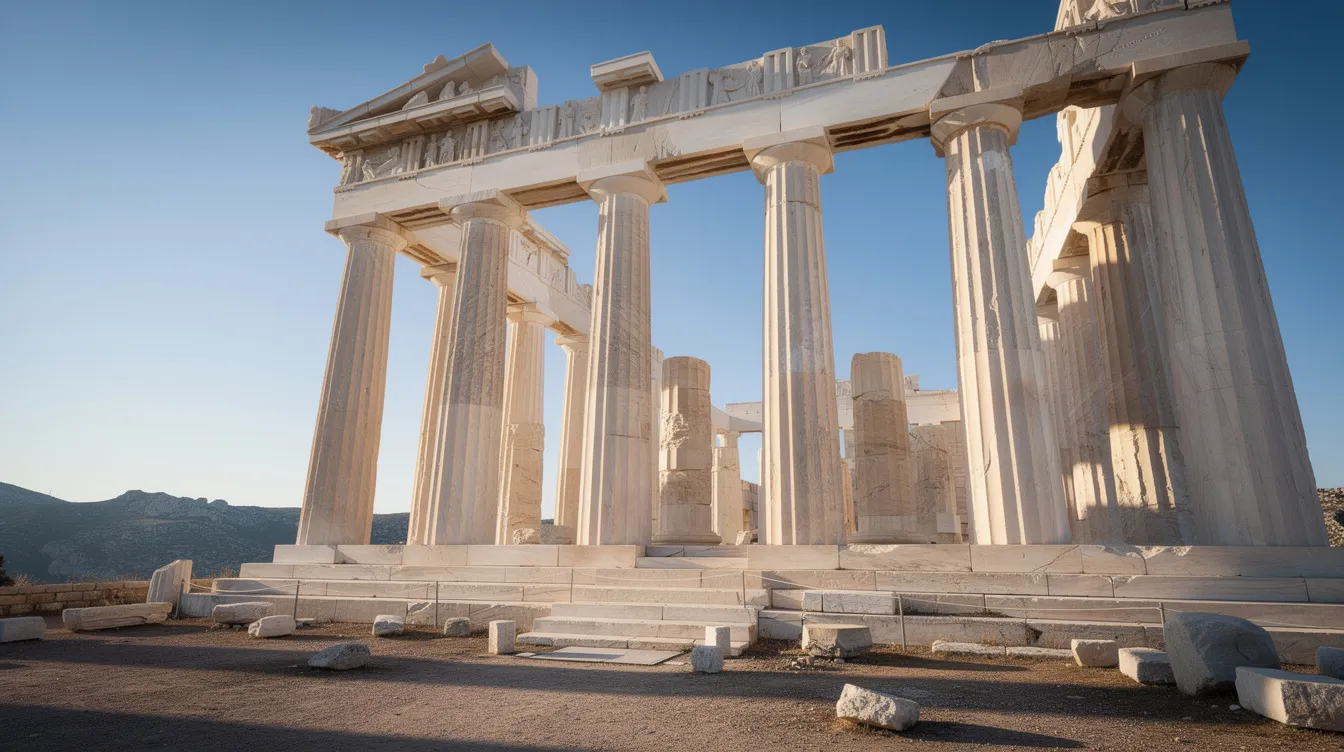 Das Bild zeigt weiße Marmorsäulen eines antiken griechischen Tempels, die majestätisch unter einem klaren Himmel emporragen. Diese Architektur erinnert an die Ideale der Antike und spiegelt die Harmonie wider, die auch in der Literatur der Weimarer Klassik, wie bei Goethe und Schiller, zu finden ist.